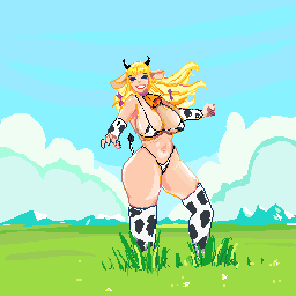 A pixel art girl with big boobas in a cow bikini