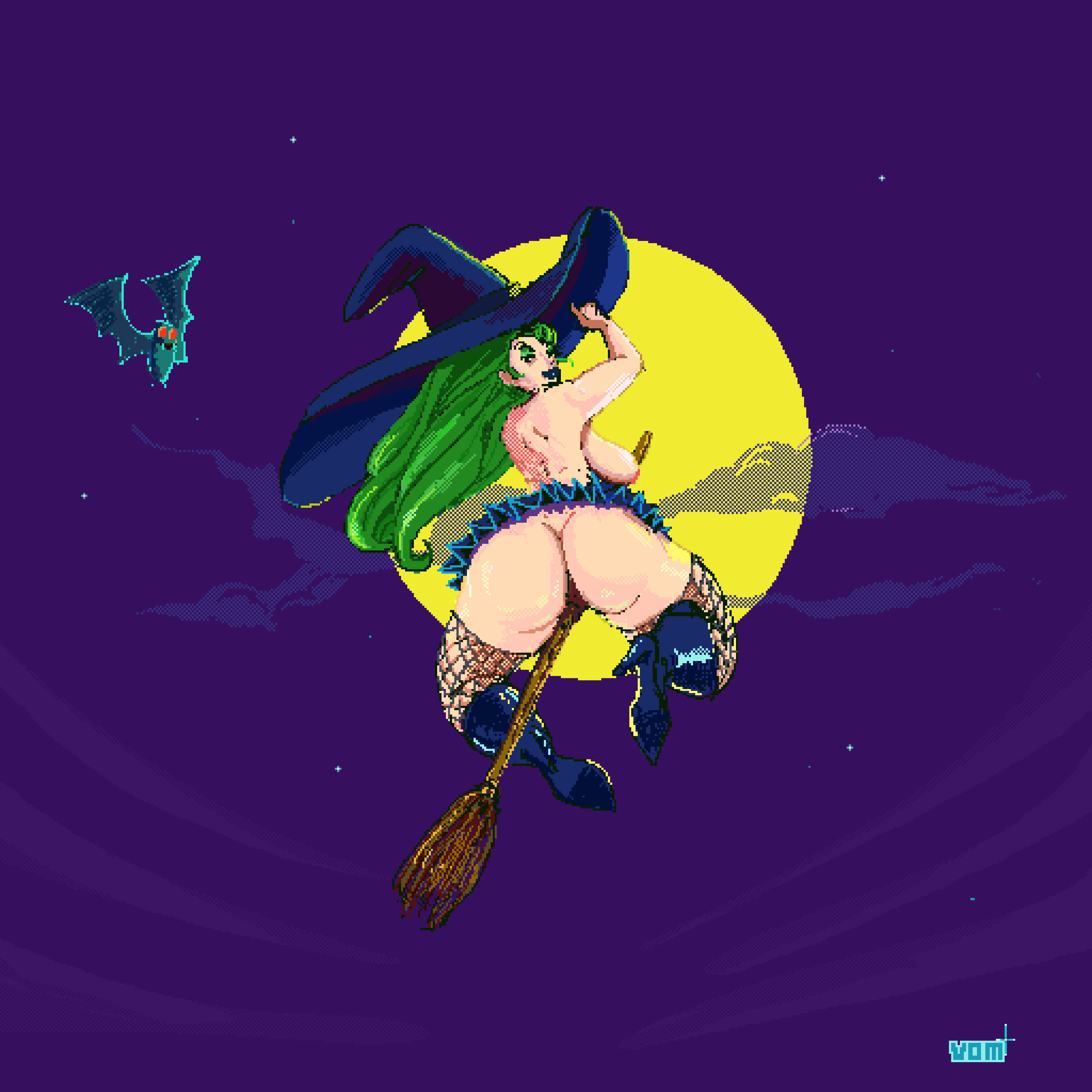 A pixel art witch with big hams